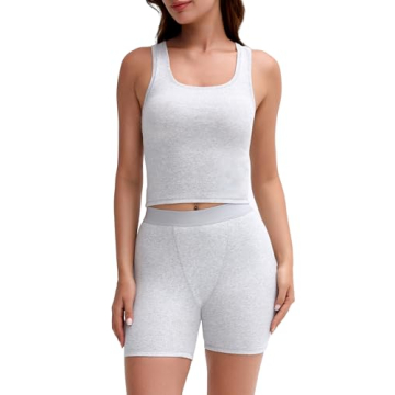 Trendy 2 Piece Workout Casual Tank Cotton Rib Sets For Women in Grey