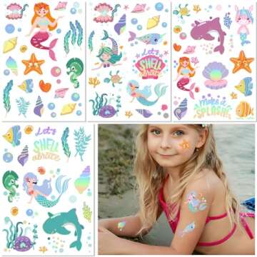 Mermaid Temporary Tattoos for Kids - 80+ Metallic Foil Designs, Party Fun