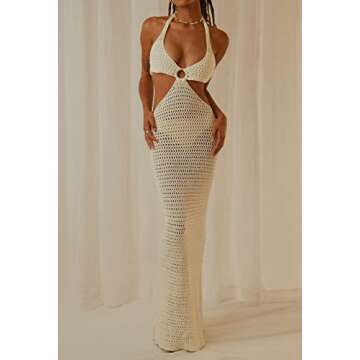 ROAONOCOMO Women Crochet Knit Maxi Dresses Y2K Hollow Out Long Dresses Halter Neck Bodycon Dress Ret...