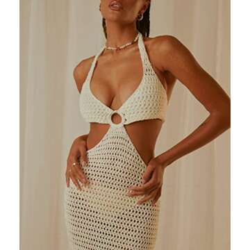 ROAONOCOMO Women Crochet Knit Maxi Dresses Y2K Hollow Out Long Dresses Halter Neck Bodycon Dress Retro Party Dress Clubwear A-White