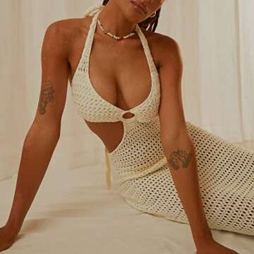 ROAONOCOMO Women Crochet Knit Maxi Dresses Y2K Hollow Out Long Dresses Halter Neck Bodycon Dress Retro Party Dress Clubwear A-White