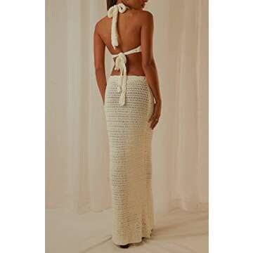 ROAONOCOMO Women Crochet Knit Maxi Dresses Y2K Hollow Out Long Dresses Halter Neck Bodycon Dress Retro Party Dress Clubwear A-White