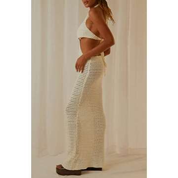 ROAONOCOMO Women Crochet Knit Maxi Dresses Y2K Hollow Out Long Dresses Halter Neck Bodycon Dress Retro Party Dress Clubwear A-White