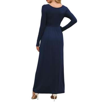 DEARCASE Maxi Dress for Women Navy Blue Small Crewneck Long Sleeves Wedding Guest A-line Plain Casual Empire Waist Flowy Party Vintage Spring Fall Winter Floor Dresses with Pocket