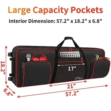 SNIGJAT 88 Key Keyboard Case with Wheels (Interior: 57.2"x18.2"x6.8"), Padded Rolling Piano Case with Adjustable Shoulder Straps and Sturdy Pull Handle, 88 Key Keyboard Gig Bag with 3-Pocket Storage