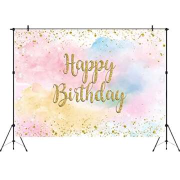 Aperturee Pastel Rainbow Cloud Happy Birthday Backdrop for Girls Women 7x5ft Glitter Gold Dots Sweet...