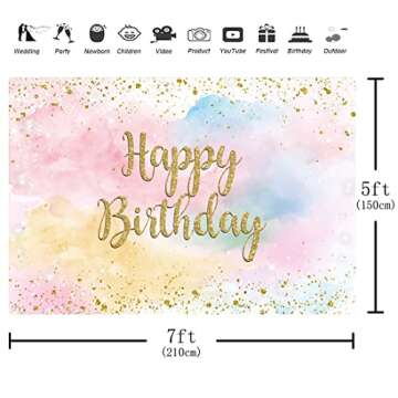 Aperturee Pastel Rainbow Cloud Happy Birthday Backdrop for Girls Women 7x5ft Glitter Gold Dots Sweet 16 18th 21st Bday Photography Background Party Decoration Banner Cake Table Supplies Photo Booth