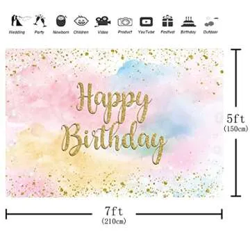 Aperturee Pastel Rainbow Cloud Happy Birthday Backdrop for Girls Women 7x5ft Glitter Gold Dots Sweet 16 18th 21st Bday Photography Background Party Decoration Banner Cake Table Supplies Photo Booth
