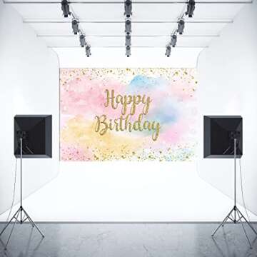 Aperturee Pastel Rainbow Cloud Happy Birthday Backdrop for Girls Women 7x5ft Glitter Gold Dots Sweet 16 18th 21st Bday Photography Background Party Decoration Banner Cake Table Supplies Photo Booth