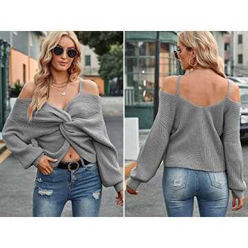 ZAFUL Women's Off Shoulder Sweater Twisted Pullover Oversized Sweater Jumper Tops(3-Gray Goose, S)