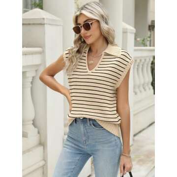 LILLUSORY Women's V Neck Cap Sleeve Sweater Vest Sleeveless Collared Striped Knit Tank Tops 2025 Casual Trendy Outfits ApricotBlack XL