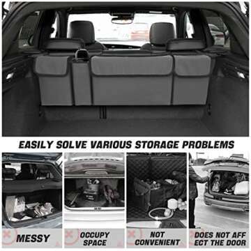 AUCELI Car Trunk Organizer, Backseat Hanging Large Storage with Adjustable Straps, Waterproof Collapsible Cargo Bag with 4 Pockets, Sturdy Space Saver Frees Trunk Floor for SUV, Truck, MPV