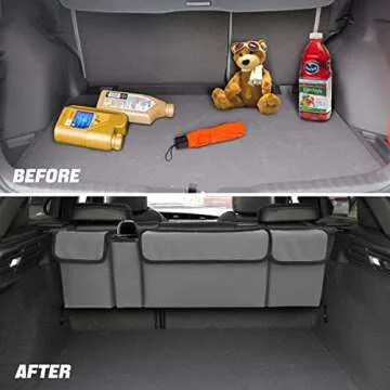 AUCELI Car Trunk Organizer, Backseat Hanging Large Storage with Adjustable Straps, Waterproof Collapsible Cargo Bag with 4 Pockets, Sturdy Space Saver Frees Trunk Floor for SUV, Truck, MPV