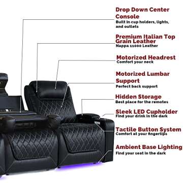 Valencia Oslo XL Home Theater Seating | Premium Top Grain Italian Nappa 11000 Leather, Power Recliner, Power Headrest, Power Lumbar Support, Extra Space, with Center Console (Row of 3, Black)