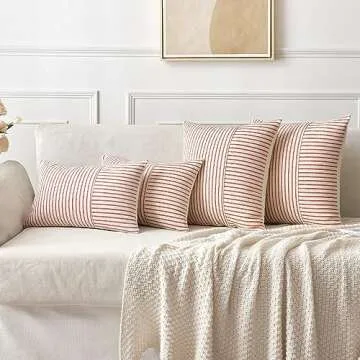 MIULEE Red and Beige Patchwork Farmhouse Pillow Covers 18x18 Inch, Pack of 2 Striped Linen Decorative Modern Accent Pillow Cases for Sofa Couch Bedroom