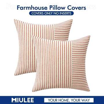 MIULEE Red and Beige Patchwork Farmhouse Pillow Covers 18x18 Inch, Pack of 2 Striped Linen Decorative Modern Accent Pillow Cases for Sofa Couch Bedroom