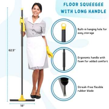 Squeegee Broom for Floor, 18'' Heavy Duty Rubber Wiper with 60'' Long Handle for Bathroom Tile, Gara...