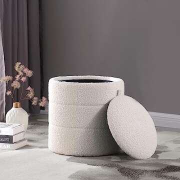 HomePop Storage Round Ottoman with Removable Lid Home Décor|Upholstered Round Foot Rest Ottoman - Cream Boucle