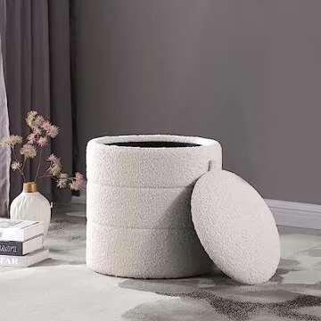 HomePop Round Ottoman with Storage and Removable Lid - Cream Boucle