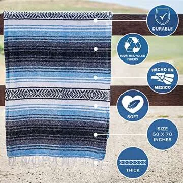 Benevolence LA Authentic Handwoven Mexican Blanket | Yoga Blankets, Outdoor, Picnic, Beach, Camping | Equestrian Saddle | Serape 50x70 inches - Sky Blue, Pack of 1