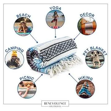 Benevolence LA Authentic Handwoven Mexican Blanket | Yoga Blankets, Outdoor, Picnic, Beach, Camping | Equestrian Saddle | Serape 50x70 inches - Sky Blue, Pack of 1