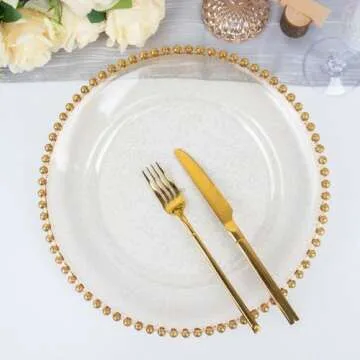 TCF Linen 13" Charger Plates - Set of 12 - Clear Gold Round Acrylic Disposable Chargers with Beaded Rim, Ideal for Dinner Party Wedding Bulk Events