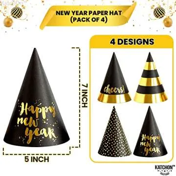 KatchOn, Happy New Years Eve Party Hats - Pack of 4 | Black and Gold New Years Eve Hats, New Years E...