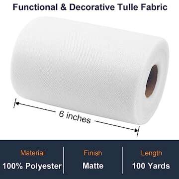 White Tulle Fabric Roll 6 Inch by 100 Yards (300 ft) Tulle Ribbon Sheer Mesh Netting for DIY Tutu Sk...