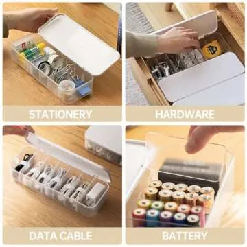 PAVSTINE 2 Pcs Cable Organizer Storage Box with 14 Wire Ties,Desktop Cable Management Box with Lid,Power Cord Organizer for Office,Home,Desk Accessories Storage Stationery Supplies White