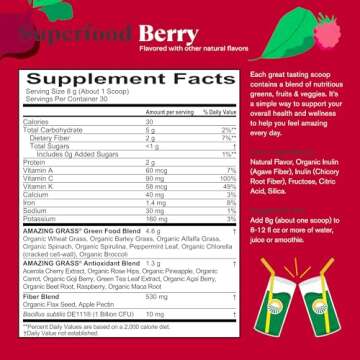Amazing Grass Greens Superfood Powder: Greens Powder with Digestive Enzymes & Probiotics, Organic Spirulina, Chlorella, and Beet Root Powder, Berry, 30 Servings (Packaging May Vary)