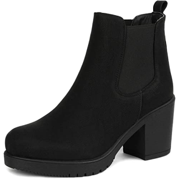 DREAM PAIRS Women's High Chunky Heel Chelsea Ankle Boots – Slip On, Black PU, Size 8