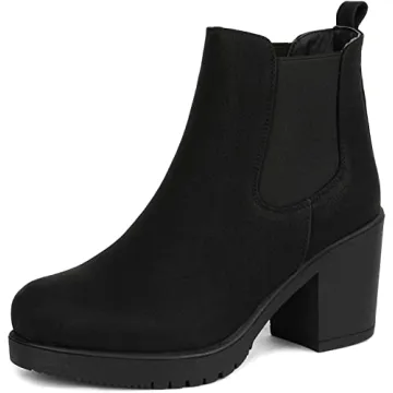 DREAM PAIRS Women's High Chunky Heel Chelsea Ankle Boots – Slip On, Black PU, Size 8