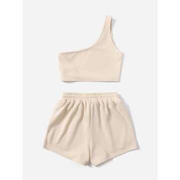 Verdusa Women's One Shoulder Tank Top and Lounge Shorts 2 Piece Tracksuit Set in Khaki