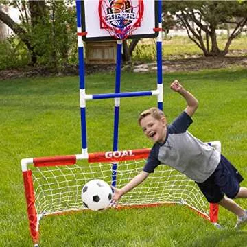 Island Genius 3 in 1 Sports Center for Kids Outdoor Toys for Kids Toddler Ages 3 4 5 6 7 8 Years Old | Basketball Hoop, Soccer Goal, and Hockey