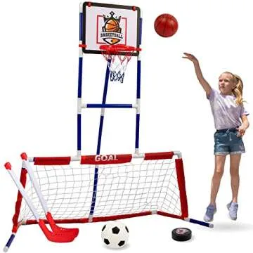 Island Genius 3 in 1 Sports Center for Kids Outdoor Toys for Kids Toddler Ages 3 4 5 6 7 8 Years Old | Basketball Hoop, Soccer Goal, and Hockey