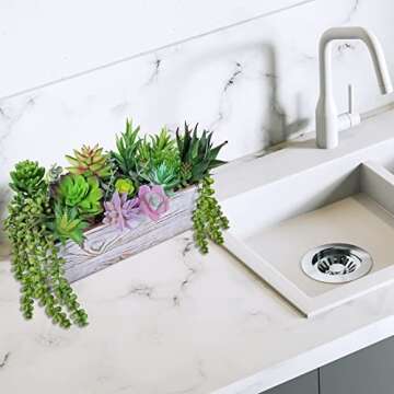 19 Pcs Assorted Artificial Succulents Fake Plants in Rectangular Wooden Pot Succulents Garden in Wood Planter Box Potted Succulents Plants Arrangement for Table Centerpiece Windowsill Greenery Decor