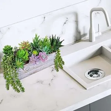 19 Pcs Assorted Artificial Succulents Fake Plants in Rectangular Wooden Pot Succulents Garden in Wood Planter Box Potted Succulents Plants Arrangement for Table Centerpiece Windowsill Greenery Decor