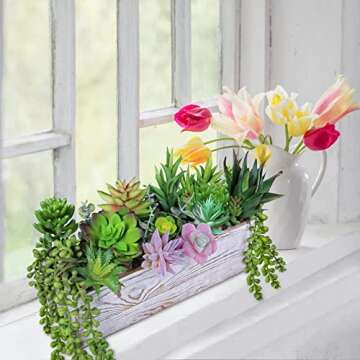 19 Pcs Assorted Artificial Succulents Fake Plants in Rectangular Wooden Pot Succulents Garden in Wood Planter Box Potted Succulents Plants Arrangement for Table Centerpiece Windowsill Greenery Decor