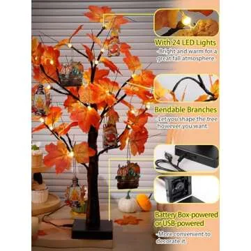 Fall Lighted Maple Tree - 24 LED Fall Decorations for Home, USB & Battery Box Powered Fall Centerpieces for Tables, Indoor Tree Light for Autumn Thanksgiving Decor