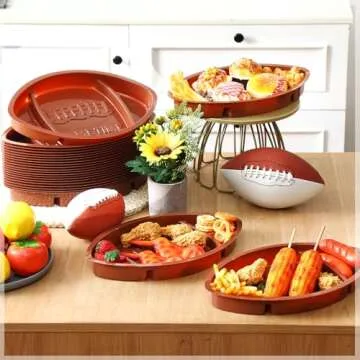 Wiwiqing Football Serving Trays, Large 13.4 x 8.5 Inch Plastic Football Snack Thick Trays, Includes 2 Dip Sections, Tailgate Party Serveware Decorations
