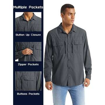 TACVASEN Long Sleeve Shirts for Men Button Up Fishing Shirts Quick Dry Fit Tactical Shirt Lightweight UPF 50+ UV Work Shirts Cooling Safari Gray M