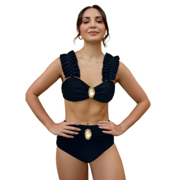 SPORLIKE Women Ruffle High Waisted Swimsuit Adjustable Straps Bikini Padded Bathing Suit(Solid Black...