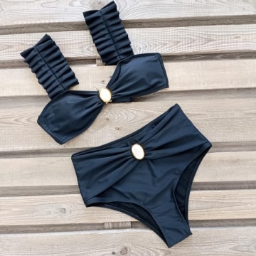 SPORLIKE Women Ruffle High Waisted Swimsuit Adjustable Straps Bikini Padded Bathing Suit(Solid Black,Large)