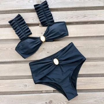 SPORLIKE Women Ruffle High Waisted Swimsuit Adjustable Straps Bikini Padded Bathing Suit(Solid Black,Large)