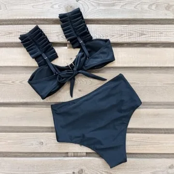 SPORLIKE Women Ruffle High Waisted Swimsuit Adjustable Straps Bikini Padded Bathing Suit(Solid Black,Large)