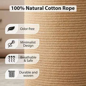 Fiona's magic 72L Large Woven Laundry Hamper, Tall Cotton Rope Storage Basket, Jute Baby Nursery Hamper for Blankets, Toys and Clothes in Bedroom and Living Room Organizing, Jute