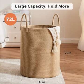 Fiona's magic 72L Large Woven Laundry Hamper, Tall Cotton Rope Storage Basket, Jute Baby Nursery Hamper for Blankets, Toys and Clothes in Bedroom and Living Room Organizing, Jute