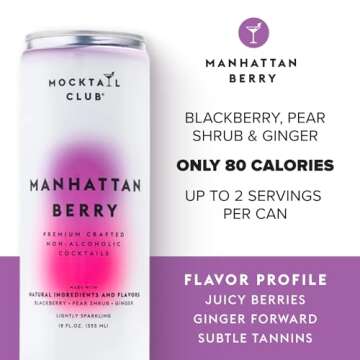 Mocktail Club Manhattan Berry Non-Alcoholic Sparkling Craft Cocktail - 12x12 Oz Cans | 80 Calories, Non-GMO, No Artificial Ingredients, Gluten Free, Vegan | Natural Blackberry, Pear Shrub and Ginger