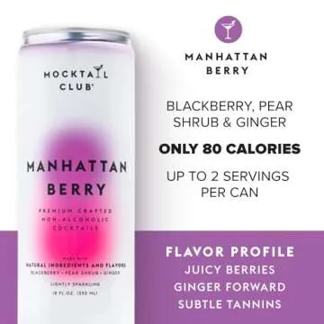 Mocktail Club Manhattan Berry Non-Alcoholic Sparkling Craft Cocktail - 12x12 Oz Cans | 80 Calories, Non-GMO, No Artificial Ingredients, Gluten Free, Vegan | Natural Blackberry, Pear Shrub and Ginger