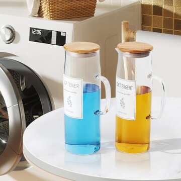 KitHero Laundry Detergent Dispenser Set with Bamboo Lids and Handles - Easy Pour 2 Pack 50 oz Liquid...
